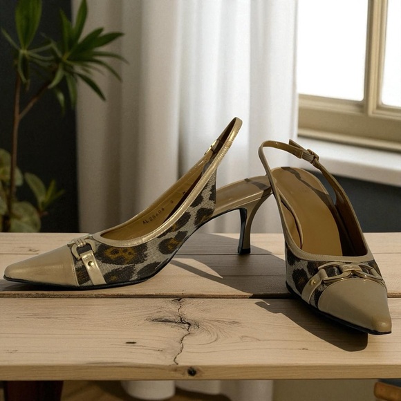Stuart Weitzman Tan and Gold Leopard kitten slingback Heels - Picture 3 of 11